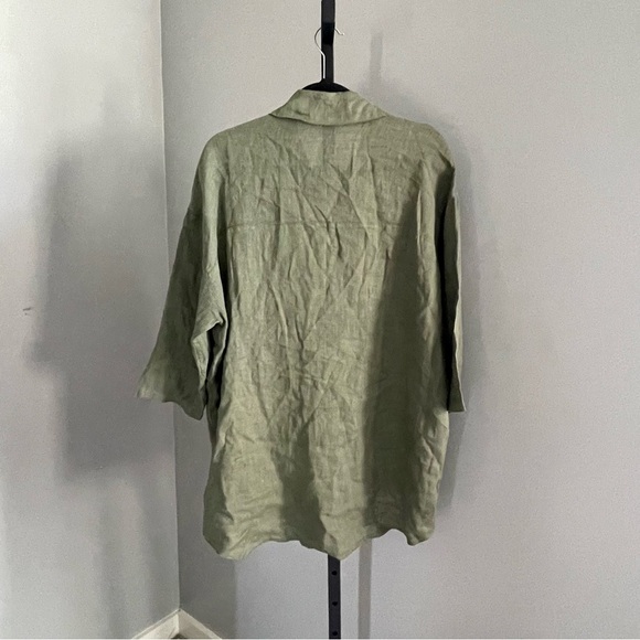 Olive Green Button Down Lagenlook 100% Linen Button Up Blouse Top - Picture 2 of 4